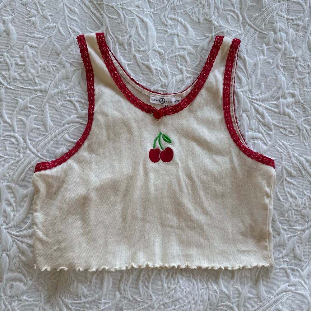 Love & Lazy Days Cherry Embroidered Lace Trim Crop Tank Top Medium